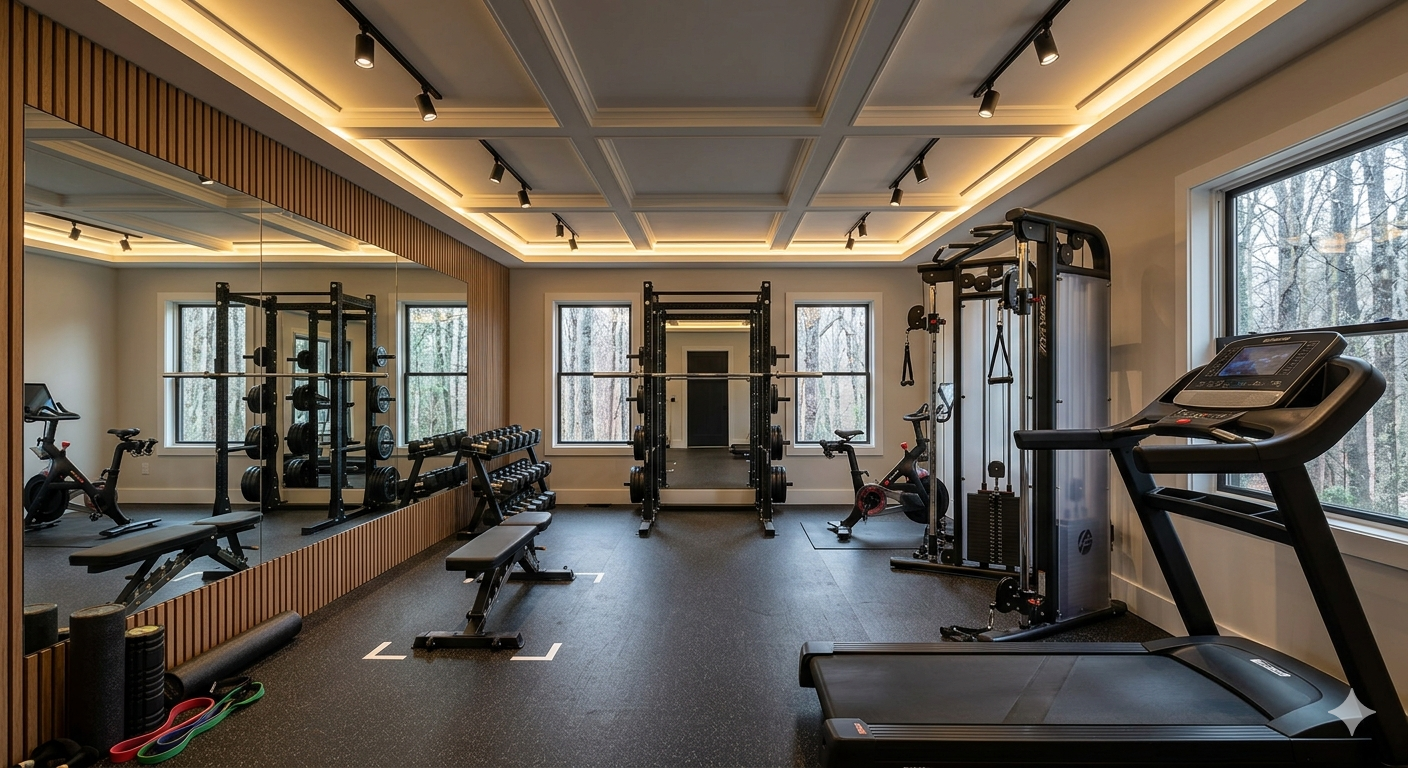 Een rustige, lege privégym in zacht daglicht. Een rack met gewichten, een bench en cardio.